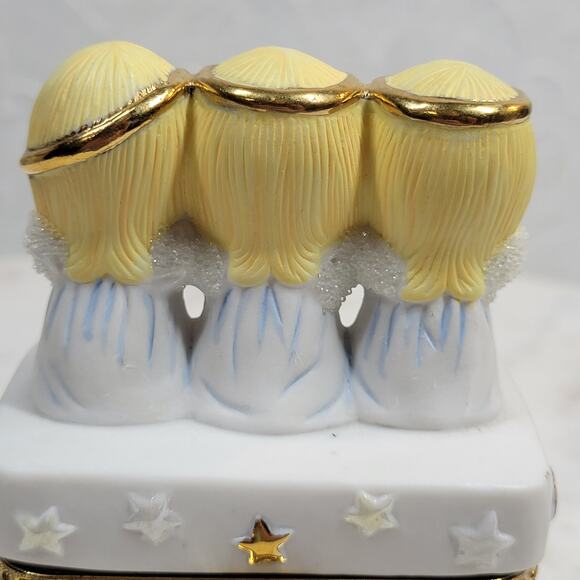 Hallmark 3 Angels Figurine Trinket Box Ceramic Hinged Porcelain White Gold - Picture 7 of 12